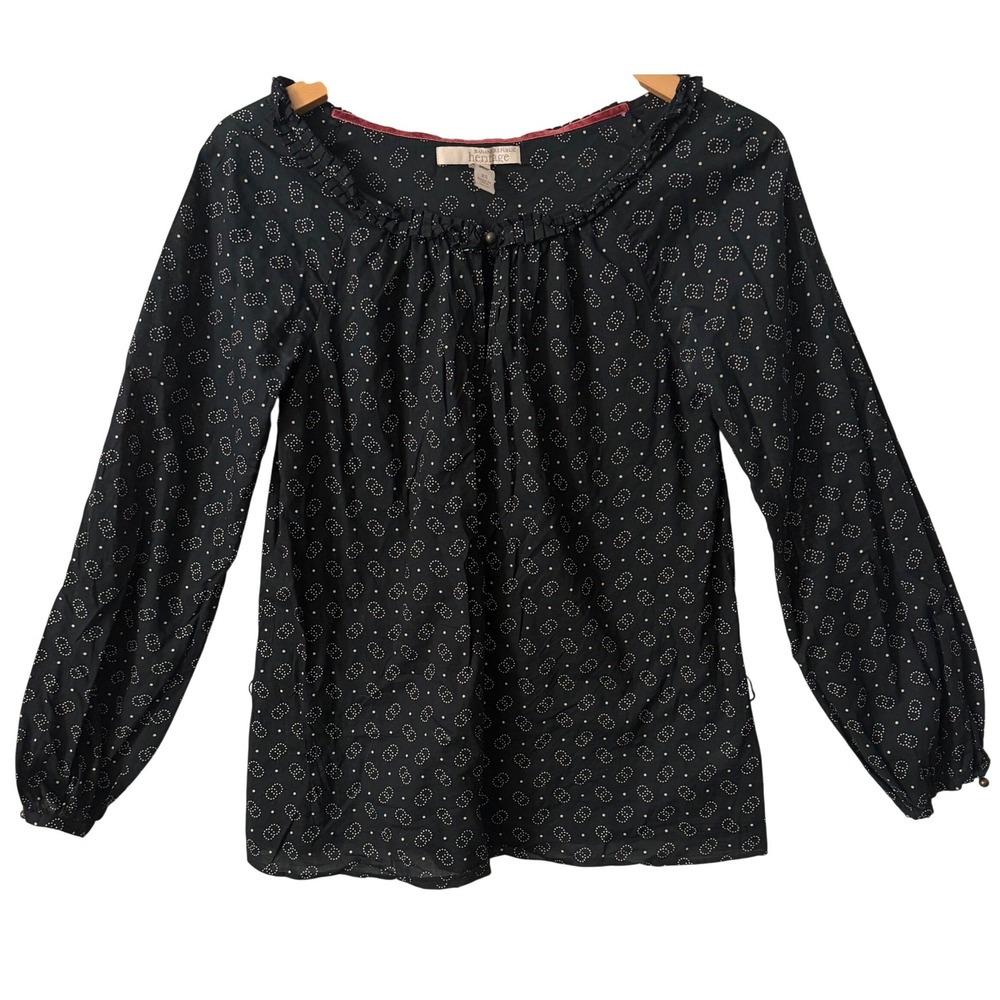 Banana Republic Heritage Sz XS Black Ruffle Neck Cotton Blouse Long Sleeve
